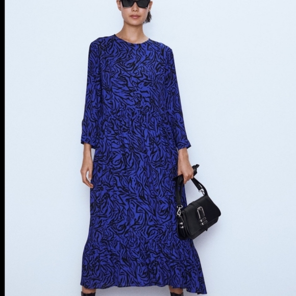 Zara Dresses & Skirts - ZARA Animal Print Zebra Midi Dress Cobalt Blue